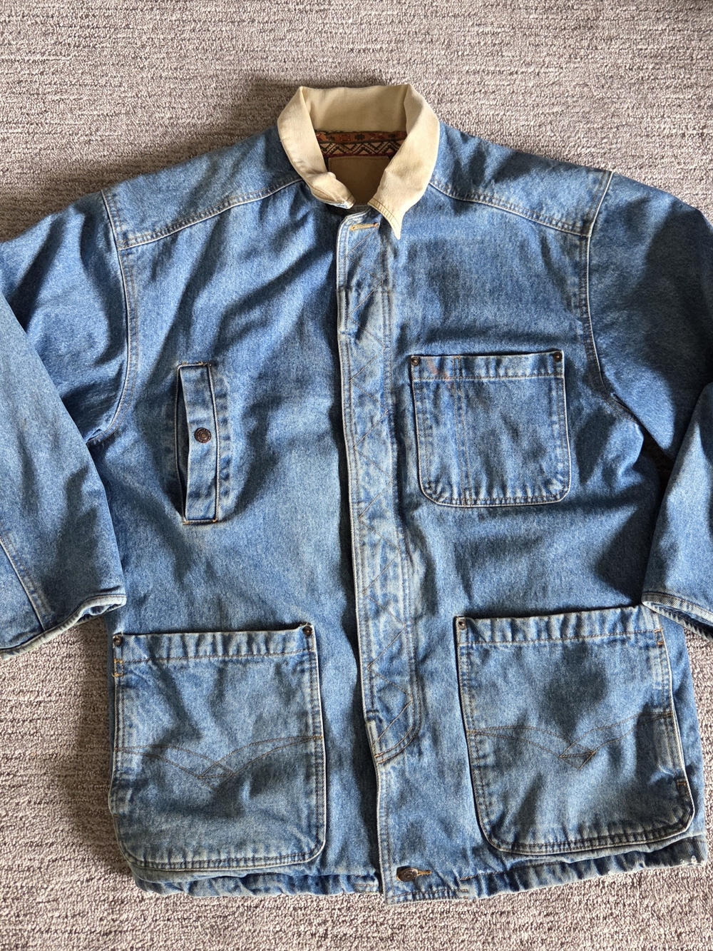 Vintage Blue Denim Field Barn Chore Lined Jacket Made In Hong Kong